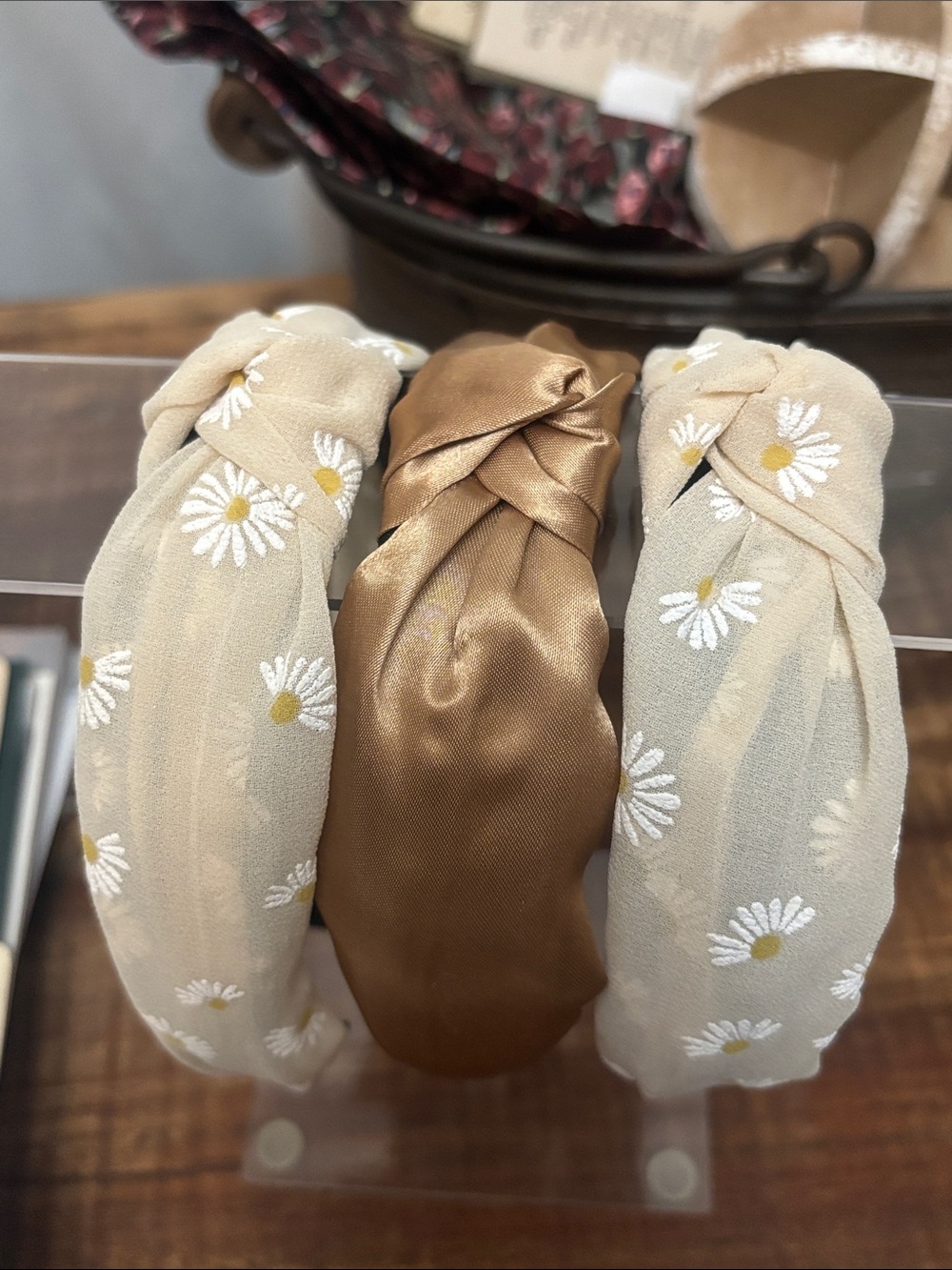 Daisy Print and Satin Knotted Headband Set - Beige & Bronze LOT OF 3
